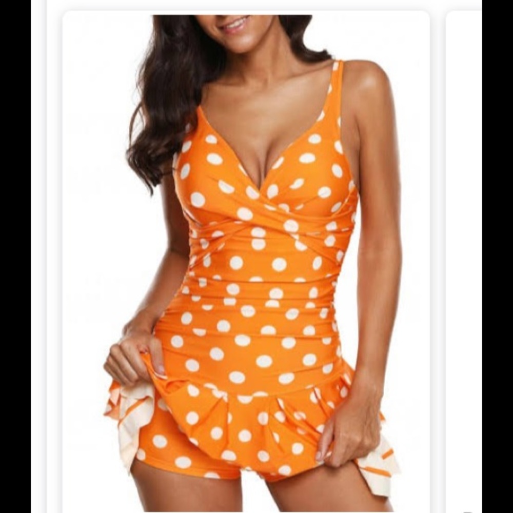 Rosewe Polka Dots Swimsuit Pinup Orange White L
